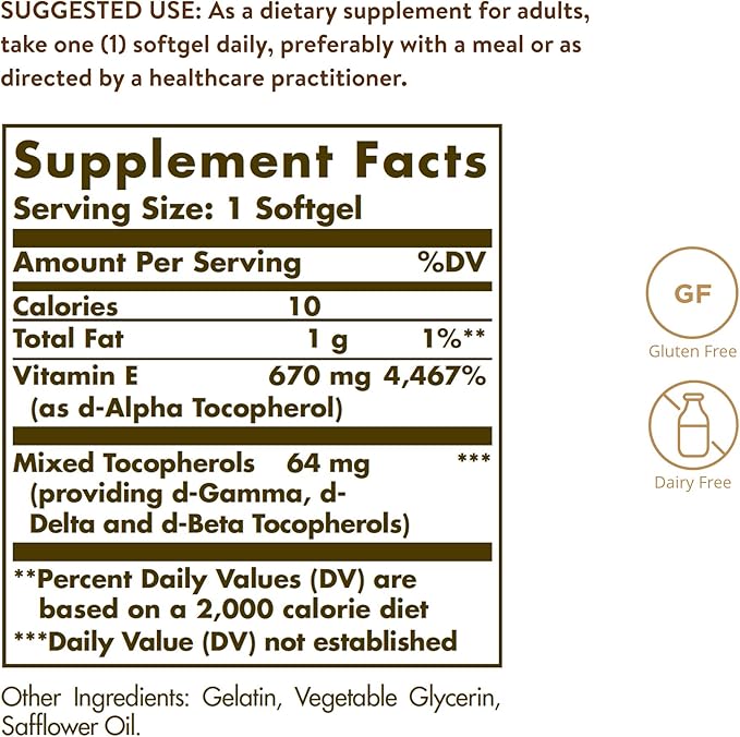 Solgar Vitamin E 670 mg (1000 IU) 180 Softgels - Natural Antioxidant Skin &amp Immune System Support - Naturally-Sourced Vitamin E - Gluten Free Dairy Free - 180 Servings