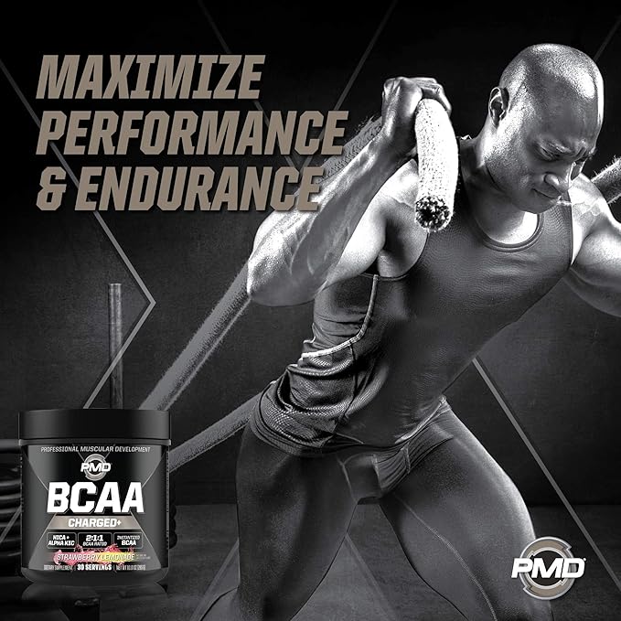PMD Sports BCAA Charged Amino Acid Drink Mix for Performance Recovery Endurance and Hydration - Increase Muscle Function for Workout and Daily Energy - Strawberry Lemonade (30 Servings)
