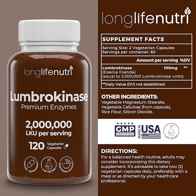 LongLifeNutri Lumbrokinase 100mg – Maximum Activity 2000000 Units Per Serving 120 Vegetarian Capsules 2-Month Supply Natural Enzyme Supplement for Circulatory Health Lab Tested Made in USA