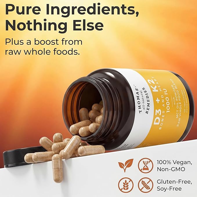 Thomas' all-natural Remedies D3 + K2 with MCT Oil for Better Absorption &amp Raw Whole Food Blend 1000 IU D3 Vegan Made in USA Support for Your Heart Bones &amp Teeth Non-GMO (120ct)
