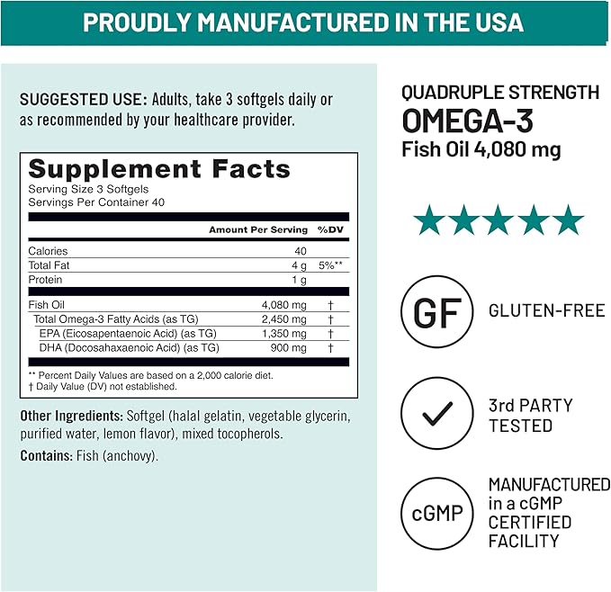 NatureWise Quadruple Strength Omega 3 Fish Oil 4080mg- Natural TG Form + Wild Caught - 2450mg Omega 3 + 1350mg EPA 900mg DHA - Burpless - Non-GMO &amp USA Manufactured - 120 Softgels[40 Day Supply]