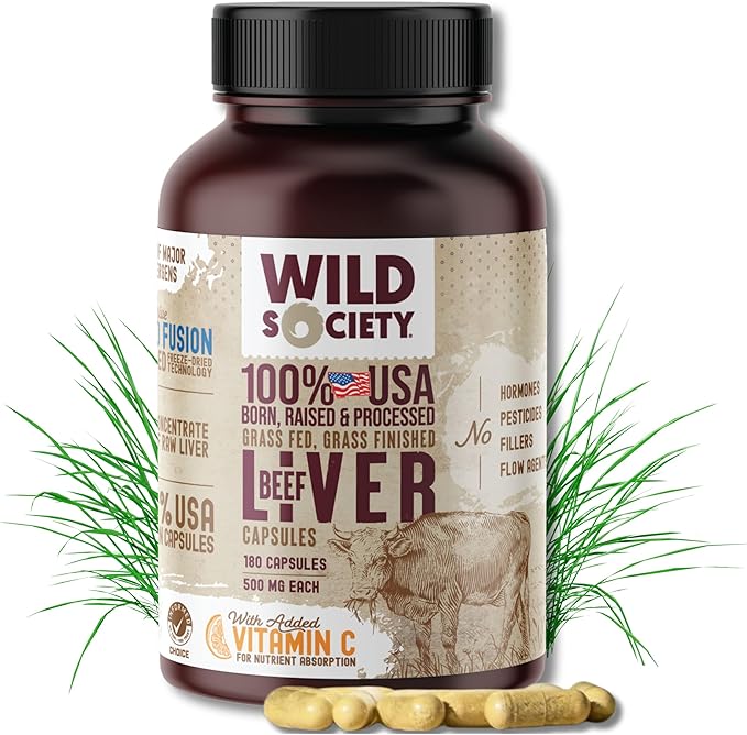 WILD SOCIETY - USA Grass Fed Beef Liver Capsules - 3000mg Max Strength for Energy Stamina Natural Detox Hair &amp Nail - Non GMO Allergen Free Beef Liver Supplement - 180 Desiccated Capsules