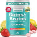 Creatine Chews - 5000mg Creatine Monohydrate Tablets for Men &amp Women with Ashwagandha KSM-66 - Low Sugar Muscle Support &amp Cognitive Boost - Gummy Alternative - 120 Count (Strawberry Lemonade)
