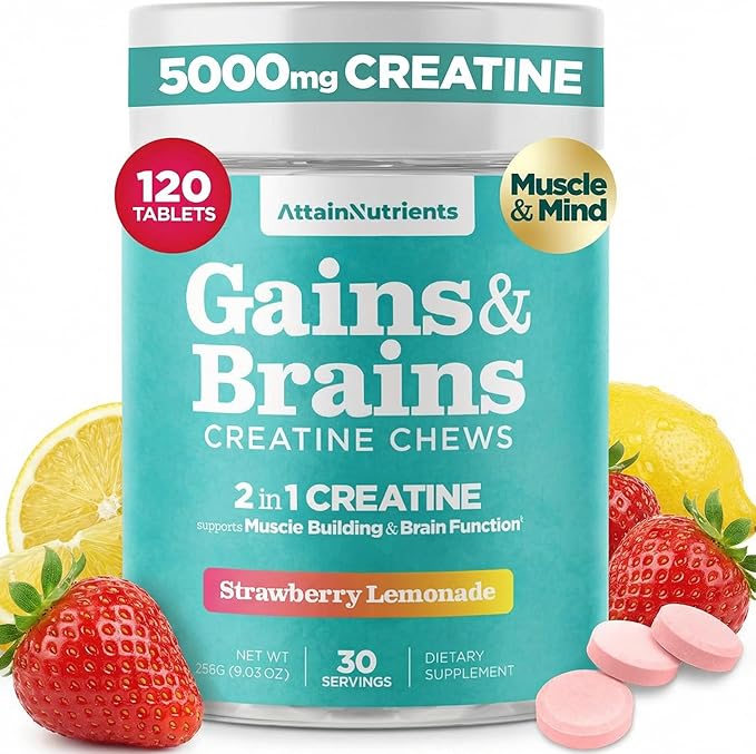 Creatine Chews - 5000mg Creatine Monohydrate Tablets for Men &amp Women with Ashwagandha KSM-66 - Low Sugar Muscle Support &amp Cognitive Boost - Gummy Alternative - 120 Count (Strawberry Lemonade)