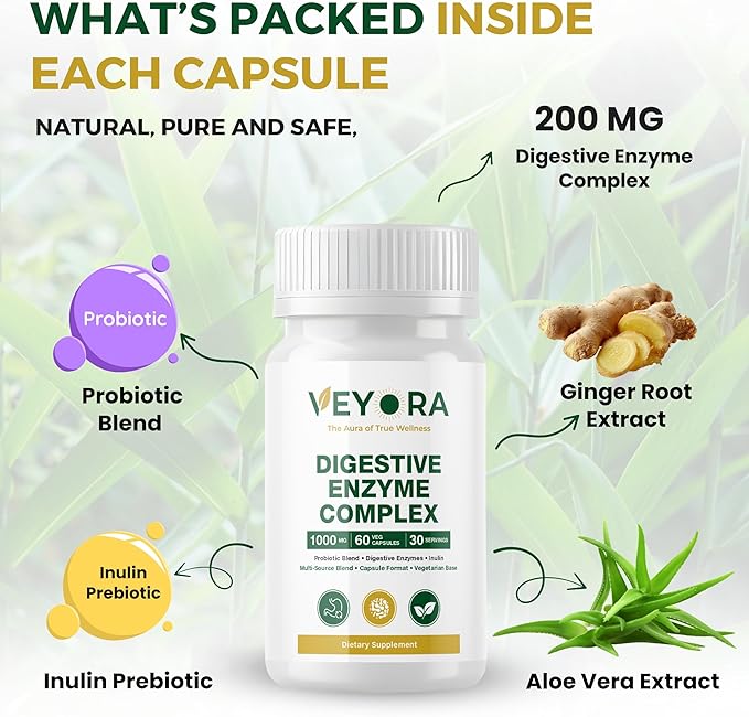 Digestive Enzyme Complex 1000 mg | 60 Vegan Capsules | with Probiotic &amp Inulin Fiber | Multi-Source Clean Label Formula | Non-GMO | Gluten-Free