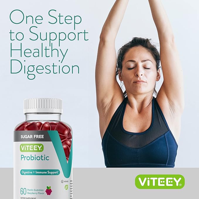 Viteey Probiotic Gummies for Women Men &amp Teens 2 Billion CFUs - Sugar Free - Immune Booster Digestive Support Gut Health - Vegan Gelatin Free GMO Free - Tasty Chewable Raspberry Flavored Gum