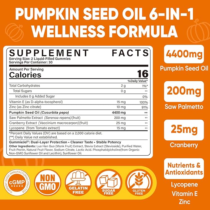 Pumpkin Seed Oil Gummies 4400mg with Saw Palmetto Cranberry Lycopene Vitamin E Zinc Cold Pressed Pure Virgin Pumpkin Seed Oil for Hair Growth Skin Urinary Bladder &amp Prostate Health 60 Co