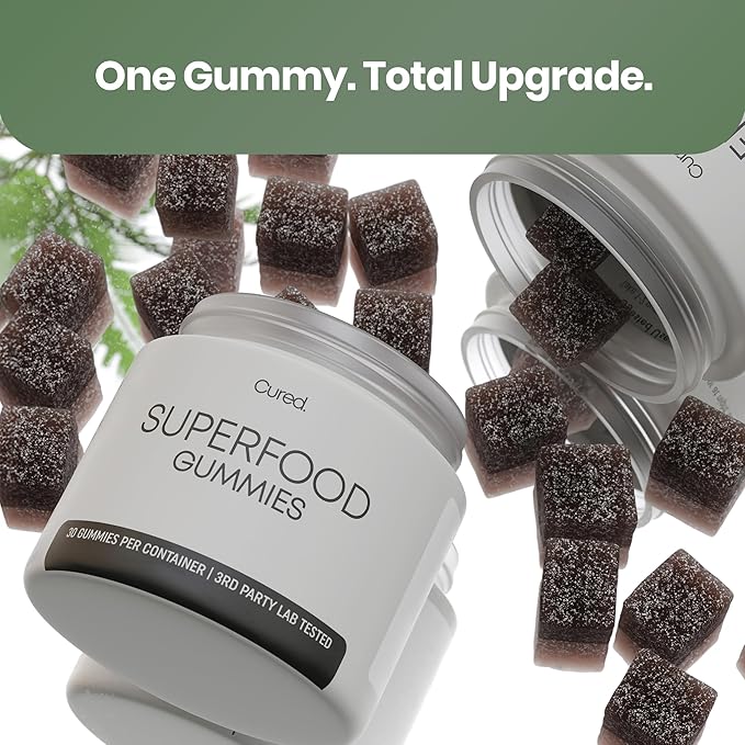 Cured 20-in-1 Superfood Multivitamin for Men &amp Women with Super Greens &amp Veggies | Vitamins/Gummy Supplement to Support Energy &amp Gut Health for Women &amp Men | 100% Vegan &amp All-Natur