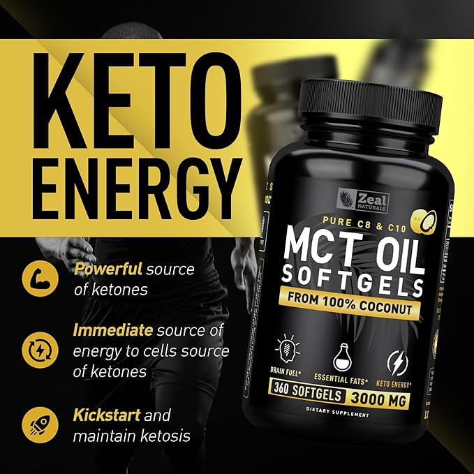 Zeal Naturals Pure MCT Oil Capsules - 3000mg 360 Softgels |C10 C8 MCT Oil Unrefined Coconut | Energy Support &amp Brain Fuel Supplement | Gluten-Free