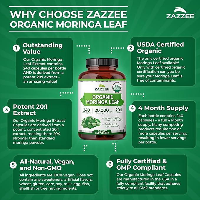 Zazzee USDA Organic Moringa Leaf 20:1 Extract 1000 mg Per Serving 240 Vegan Capsules 4 Month Supply Certified Kosher Moringa Oleifera Antioxidant Immune &amp Cellular Support Made in the USA
