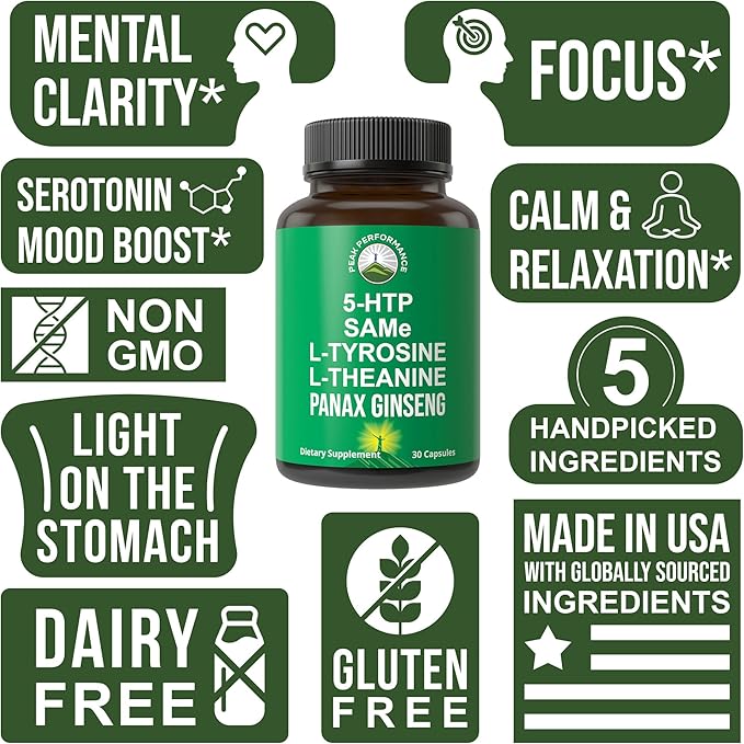 Peak Performance Mood Support Supplement with 5 Top Ingredients: 5HTP SAM e L Tyrosine L Theanine and Panax Ginseng. Calm Focus Relaxation Supplements. Vegan