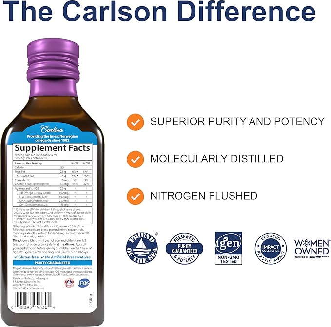 Carlson - Kid's The Very Finest Fish Oil 800 mg Omega-3s Liquid Fish Oil Supplement Norwegian Fish Oil Wild-Caught Sustainably Sourced  Mixed Berry 200 mL (6.7 Fl Oz)