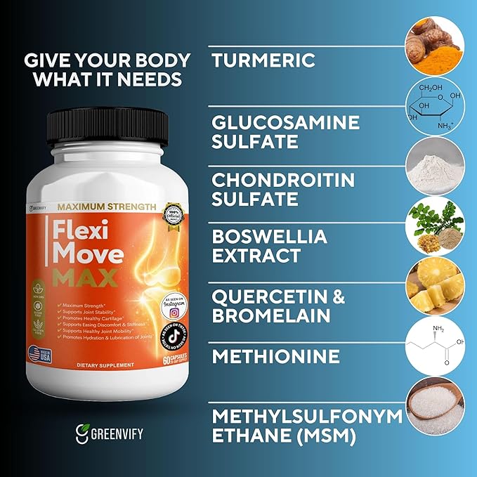 FlexiMove Max Joint Support Supplement Glucosamine Turmeric Chondroitin 60 Capsules (3)