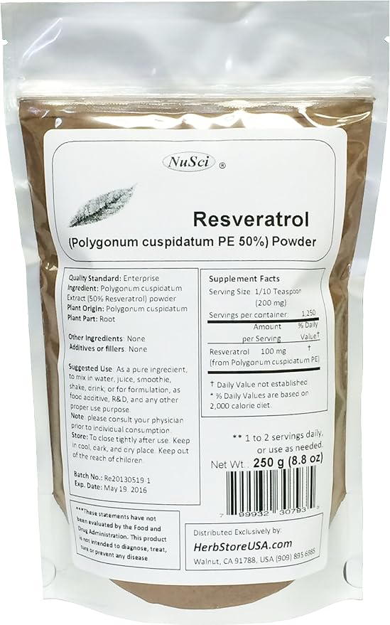 Pure Resveratrol Powder Standardized 50% Extracted from Polygonum Cuspidatum Root (250 Grams (8.8 oz))