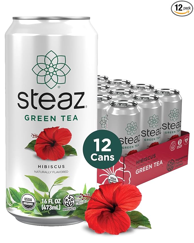Steaz - Organic Green Tea - Hibiscus Flavored (12 Pack) - Antioxidant Brew - 30mg Natural Caffeine Vitamin C - Cane Sugar Sweetened Iced Tea - Vegan Fair Trade - 12 Cans 16 fl oz (473mL)