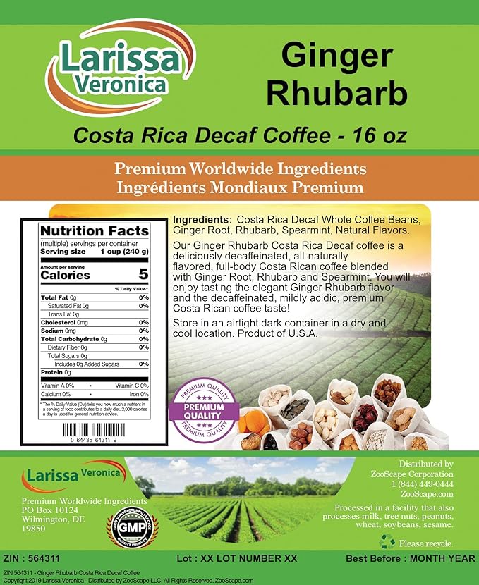 Ginger Rhubarb Costa Rica Decaf Coffee (Gourmet Naturally Flavored Whole Coffee Beans) (16 oz ZIN: 564311)