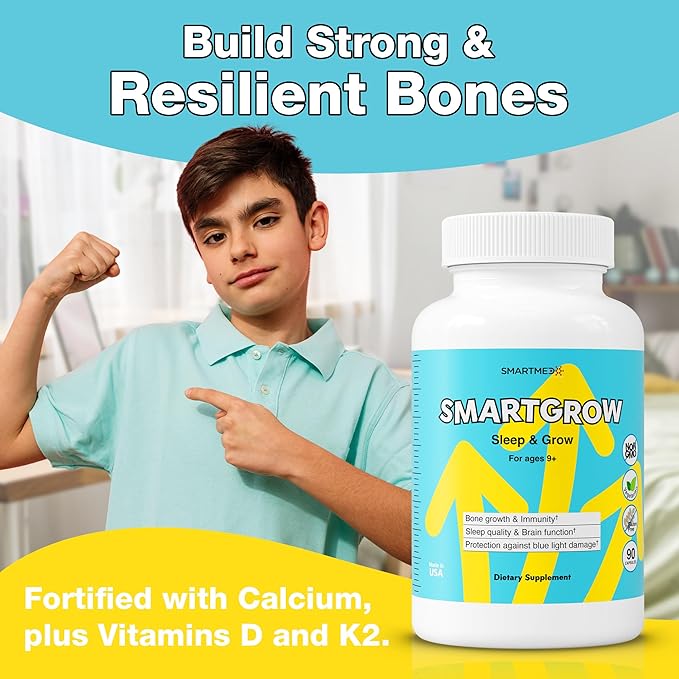 SmartGrow Premium Growth Formula for Teens – Bone Brain Sleep &amp Eye Support – Calcium Vitamin D3 Amino Acids – Daily Wellness Supplement (180 Capsules) – 3 Month Supply