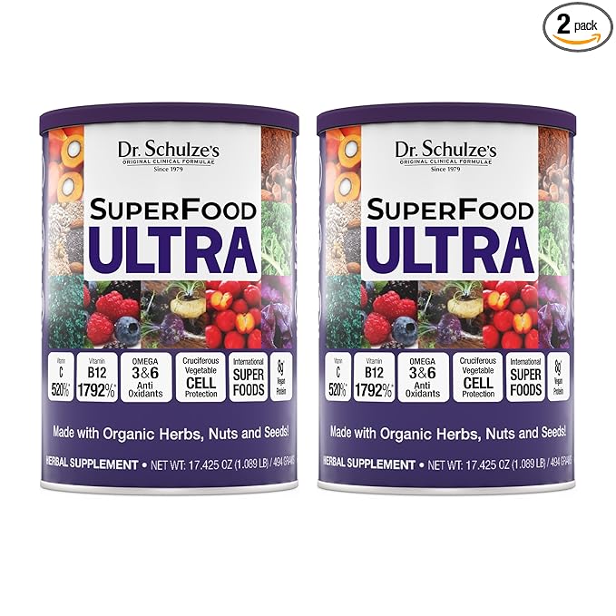 Dr. Schulze's SuperFood Ultra - Plant-Based Superfood Powder for Active Lifestyle Support - Vital Nutrients - Natural Ingredients - Gluten-Free &amp Dairy-Free - Vegan - 17.4 oz (13 Servings) - 2 Pac
