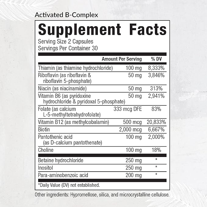 Equilife Activated B Complex Super B Complex Dietary Supplement With Biotin Inositol B12 &amp B6 Choline &amp Folate to Support Energy &amp Hair Skin Nail Health Gluten Free Vegan Non GMO