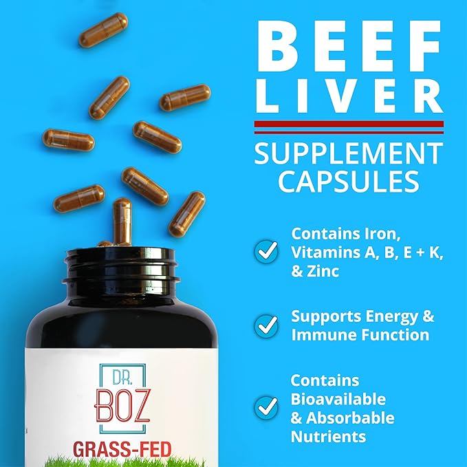 Dr. Boz - Beef Liver Capsules 30 Servings - 4500mg Cow Liver - Energy Immunity &amp Health - Vitamin A B12 Zinc &amp Iron Supplement - Grass Fed &amp Pasture Raised Cows - Made in the USA - S
