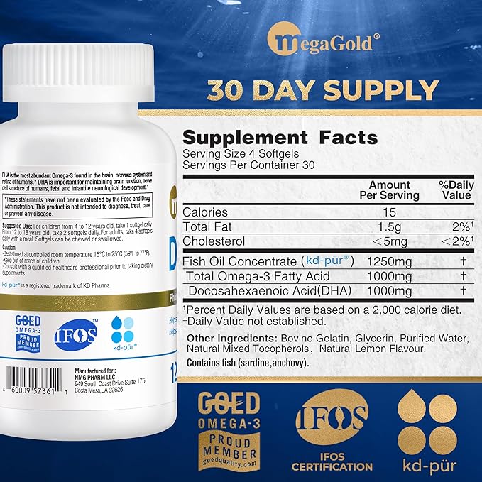 DHA 1000 Fish Oil Omega 3 Supplement - High DHA &amp 1000mg of Omega-3 Fatty Acids Burpless Fish Oil Capsules for Men and Women Supports Brain and Eye Health* - 120 Count Mini Softgels