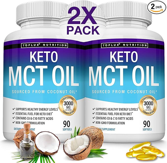 Toplux Keto MCT Oil Capsules - 3000mg Natural Pure Coconut Oil Extract Pills Source of Energy Easy to Digest for Men Women 90 Softgels Supplement