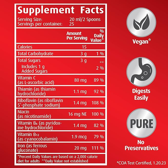 hübner Hubner Iron Vital Liquid Iron Supply Plus Vitamin C Dietary Supplement for Adults and Kids Vegan and Gluten-Free Fruit Flavor 500 ml Bottle 50 Servings