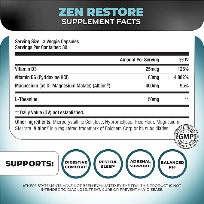 Nutrology Zen Restore – 400mg Magnesium Malate Vitamin D3 &amp L-Theanine Supports Sleep Muscle Recovery &amp Adrenal Wellness Magnesium Supplement for Men and Women 30 Servings