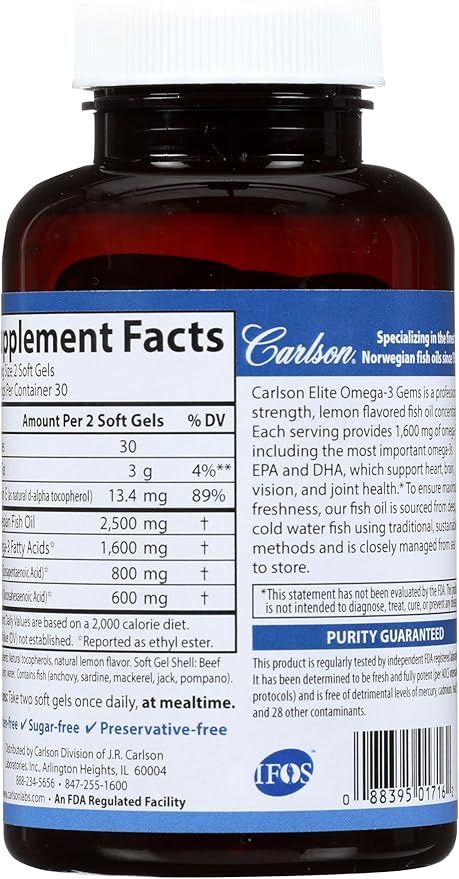 Carlson Labs Elite Omega-3 Gems Fish Oil 1250mg 60 Softgels