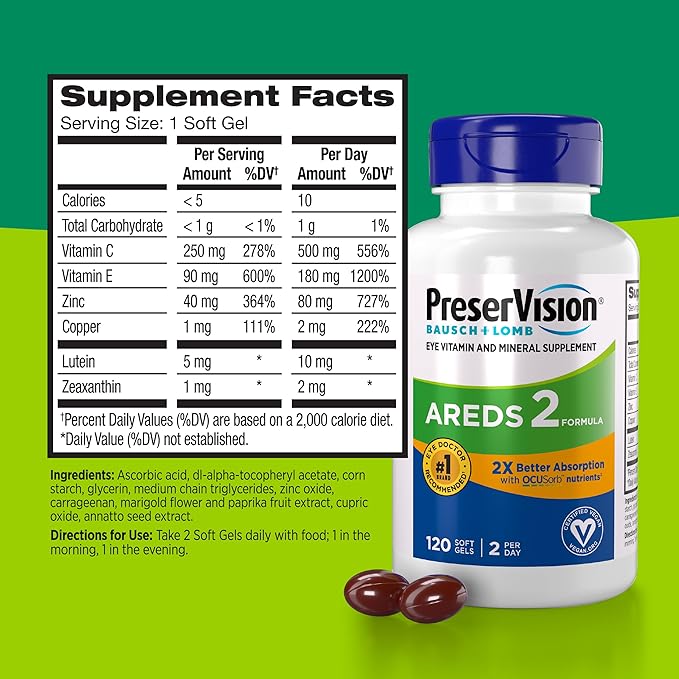 PreserVision AREDS 2 Eye Vitamin &amp Mineral Supplement with OCUSorb 120 Vegan Soft Gels Contains Lutein Zeaxanthin Vitamin C &amp E Zinc &amp Copper Eye Health Supplements for Adults