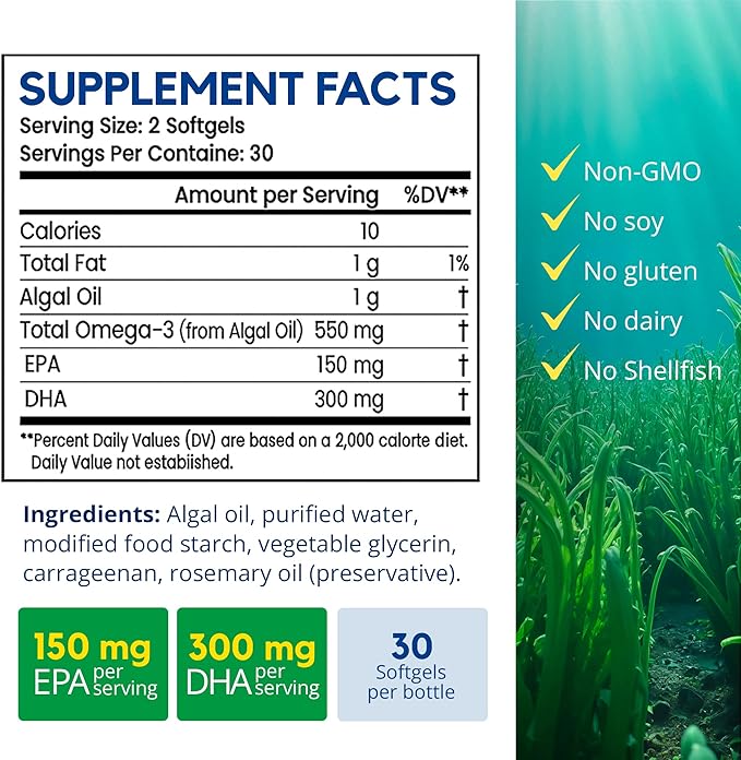 Vegan Omega-3 Fish Oil Alternative from Algae Oil - High Potency EPA &amp DHA Supplement - Easy to Swallow Small Soft Gel Capsules