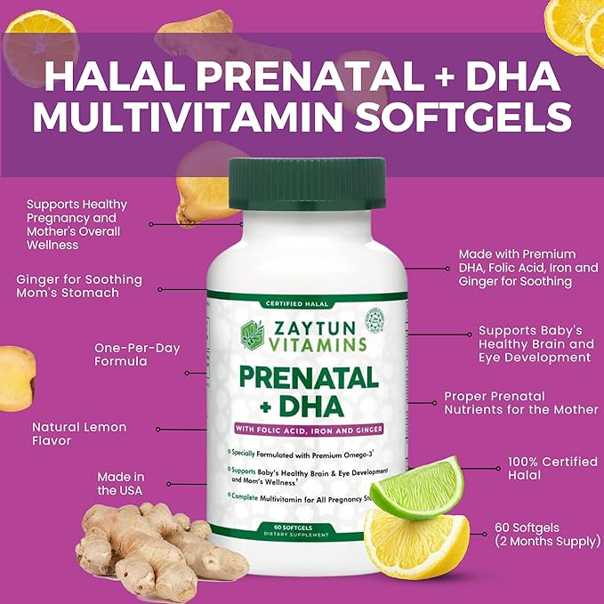 Halal Prenatal Vitamins + DHA Folic Acid Iron Ginger for Soothing One Daily for All Pregnancy Stages Gluten Free Non-GMO 60 Softgels 2 Months Supply USA Made Halal Vitamins