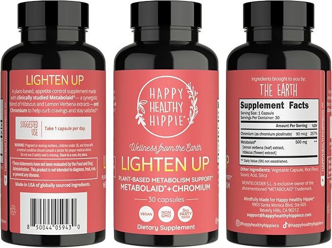 Happy Healthy Hippie GLP-1 Supplement (Metabolaid™ + Chromium) + Appetite Suppressant for Women | Metabolism Booster (AMPK) for Weight | Belly Fat Burner | Hunger &amp Cravings Control - 30 Vegan Cap