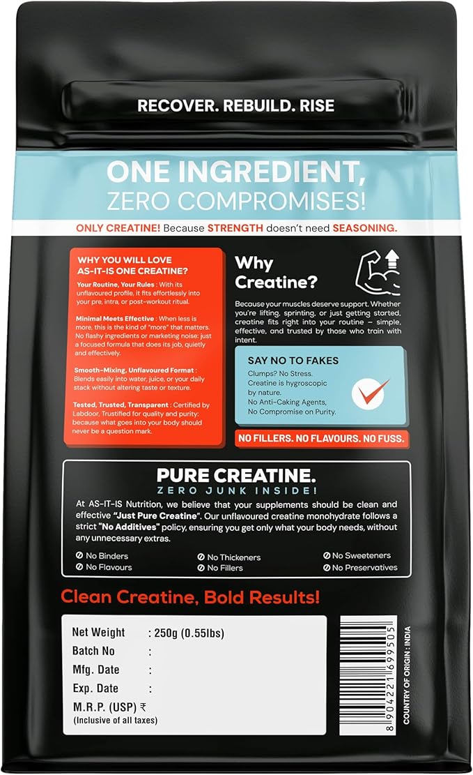 AS-IT-IS Nutrition Creatine Monohydrate 250gms/8.8 Oz | USA Labdoor Certified for Accuracy &amp Purity Preworkout 2.5g Per Serving Free of Fillers and Preservatives