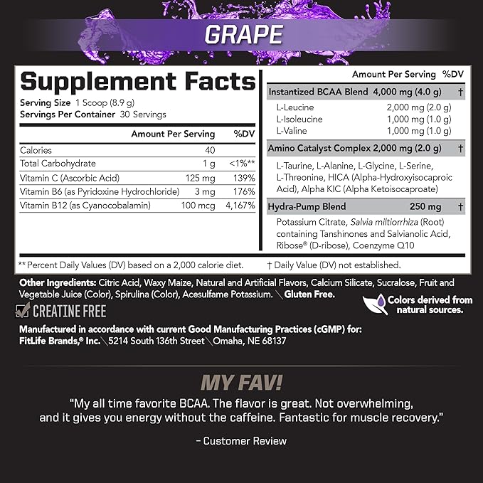 PMD Sports BCAA Stim-Free Amino Acids - Better Workout Performance Enhanced Recovery Daily Energy Muscle Builder and Muscle Sparing - BCAA Powder Drink Mix - Grape (30 Servings)