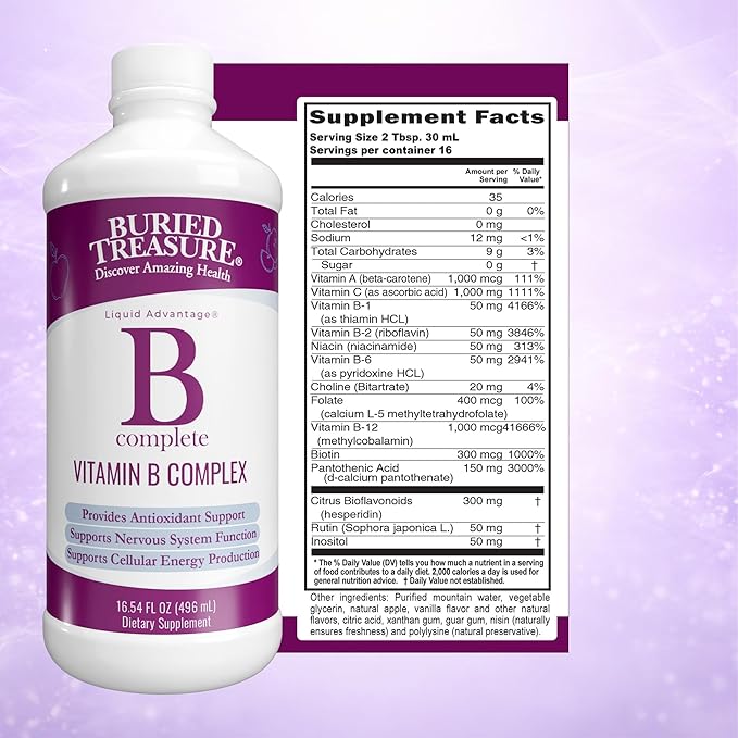 Buried Treasure B Complete - 16 Fl oz All 8 B Vitamins with Methylated B12 &amp Methylfolate Biotin B1 B2 B6 Antioxidant Support Liquid &amp Sugar-Free B complex vitamins for Women &amp Men