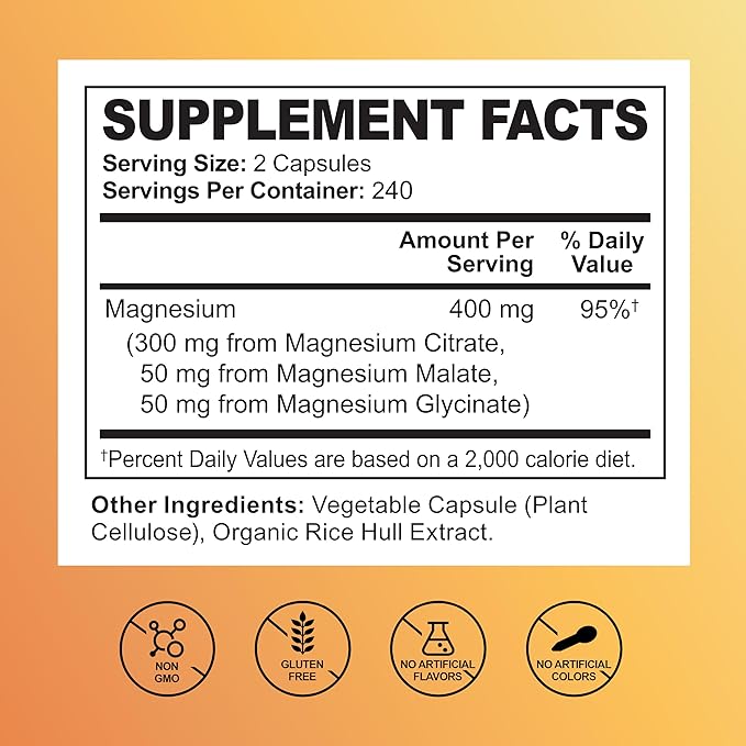 Triple Magnesium Complex Supplement – 400mg with Citrate Malate &amp Glycinate – Complete Chelated Magnesium Blend for Women &amp Men – 120 Days of Daily Multi Magnesium Nutrition – 240 Capsules