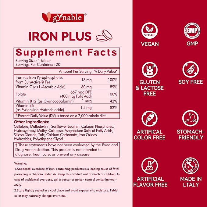 Gentle Iron Supplement for Women Anemia: Slow Release Iron Pills Clinically Shown to Support Iron for Prenatal Pregnant Patented SunActive Tech with Folic Acid B12 Vitamin C &amp B6 18 mg 20 Tab