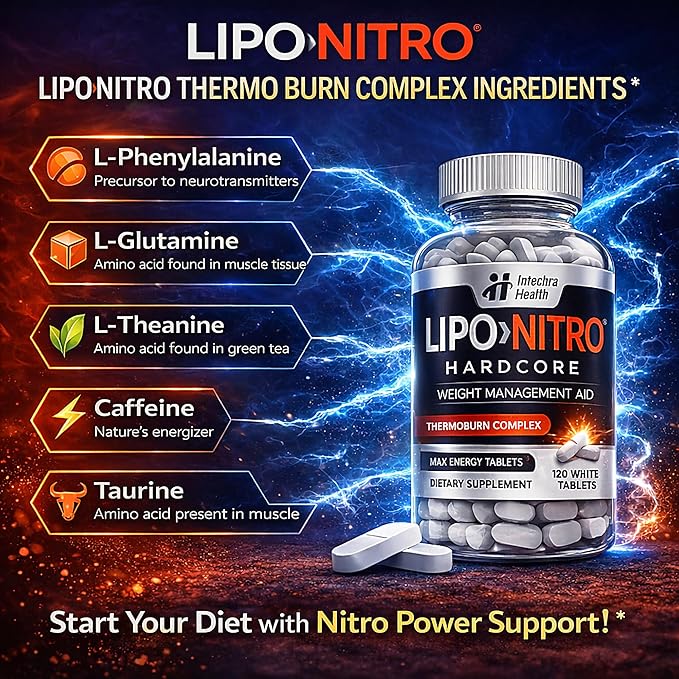 LipoNitro® Thermo-Burn Diet Pills with Nitro Energy Dietary Supplement Manufactured in USA - 120 White Tablets