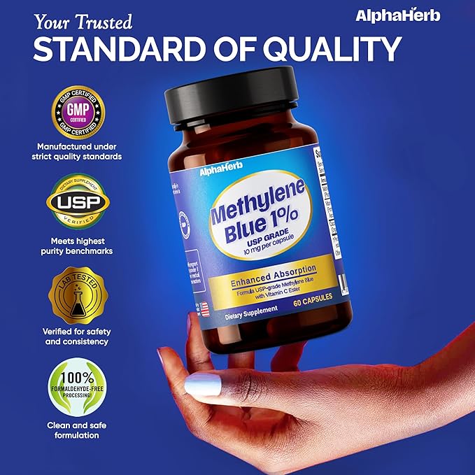 Methylene Blue Pharmaceutical Grade USP Grade – Enhanced Absorption with Vitamin C Ester &amp Cacao Powder – Energy Antioxidant Support &amp Cognitive Focus – 60 Methylene Blue 1% Vegan Capsules