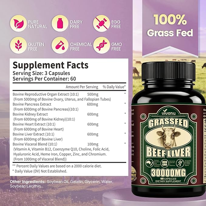 VivoNu Beef Organ Supplement for Women - Beef Liver Kidney Pasture Raised in New Zealand - No Fillers or Flow Agents (720 Capsules)