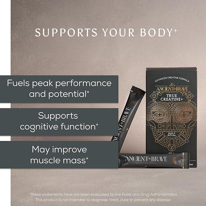 Ancient + Brave True Collagen &amp True Creatine Packets - Premium Collagen Peptides + Advanced Creatine Formula Sachets (15 of Each) - Supports Skin Hair Joints Strength &amp Recovery⁺ - 5g x 30