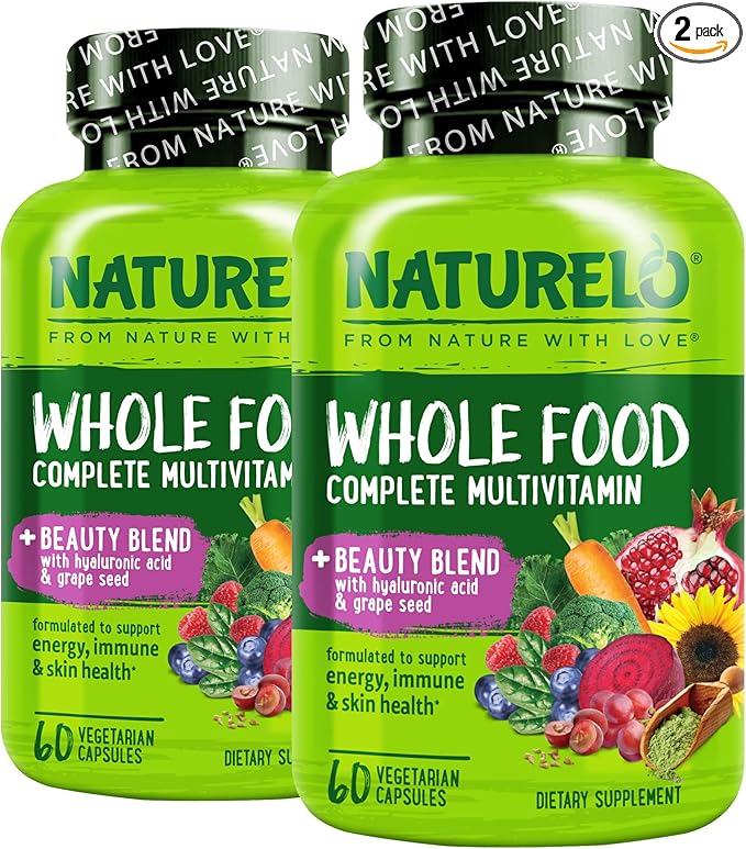 NATURELO Whole Food Multivitamin with Extra Hair Skin &amp Nails Support - Beauty Blend with Hyaluronic Acid &amp Grape Seed - High Potency Biotin Vitamin C &amp Glutathione 60 Vegan Capsules (
