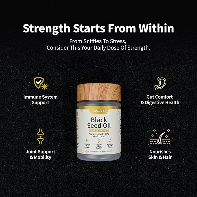 Snap Supplements Black Seed Oil Capsules – 100% Cold Pressed Organic Nigella Sativa – Supports Immune Health Detox Skin Hair Joints &amp Overall Wellness – 90 Softgels