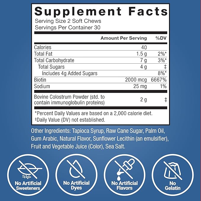 FORCE FACTOR Awesome Colostrum Support Gut &amp Immune Health Recovery Hair Skin &amp Nails Bovine Colostrum Supplement with Biotin Grass-Fed Antibiotic-Free Berries &amp Cream 60 Soft Che