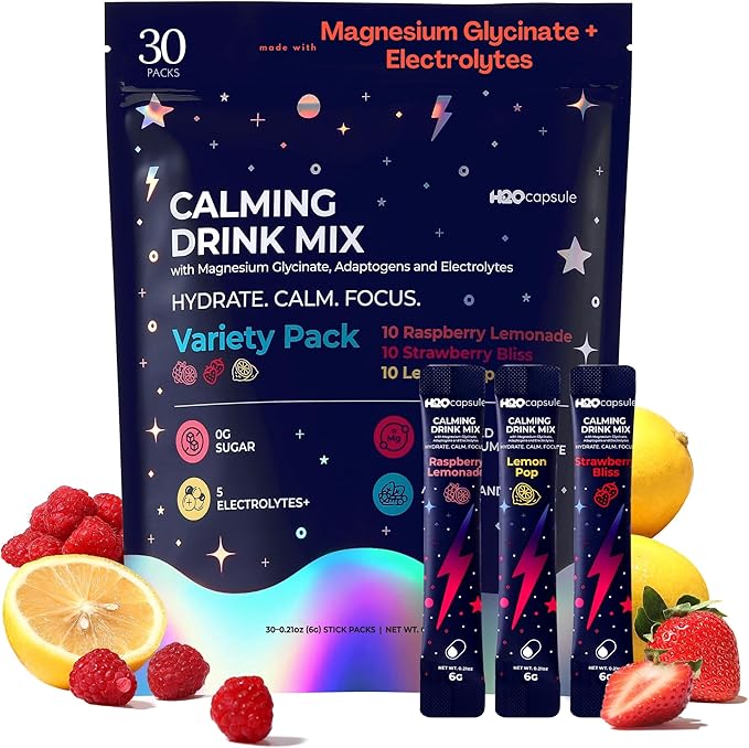Calm Magnesium Glycinate Powdered Drink Mix with Electrolytes – Sugar Free with Ashwagandha L-Theanine Vitamin B6 &amp GABA – Cortisol Support Stress Relief Hydration &amp Focus - 30 servings (V