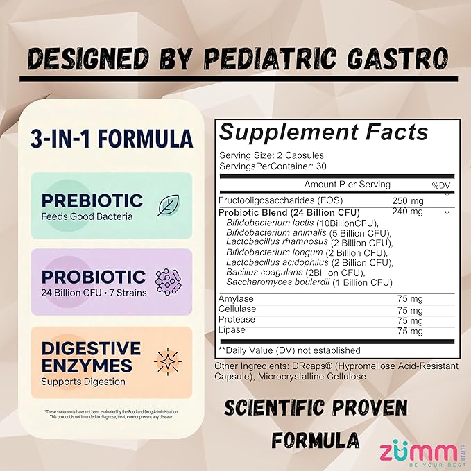 Doctors Choice Probiotic for Kids 24 Billion CFU – 7 Strains Prebiotics &amp Digestive Enzymes – DRcaps Acid-Resistant Capsules Gut Support – Vegan Non-GMO Guten Free – 60 Capsules