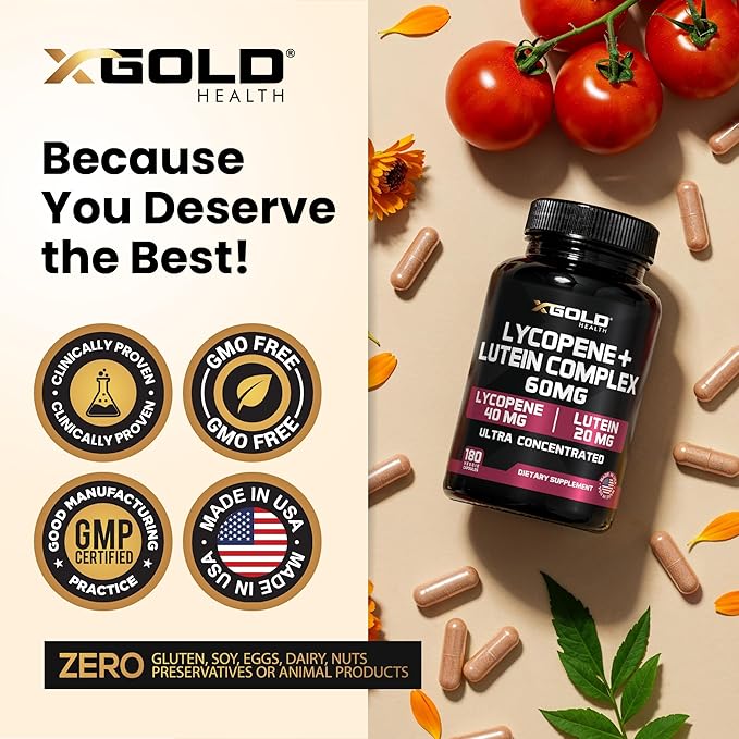 Lycopene + Lutein 60mg Supplement | Eye Health &amp Vision Support | Antioxidant for Healthy Eyes &amp Skin | Non-GMO Gluten Free | 180 Vegetarian Capsules | Made in USA