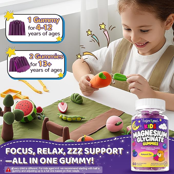 Magnesium Glycinate Gummies for Kids 4+: Sugar Free Chewable Organic Magnesium Gummy with L-Theanine Vitamin B12 B6 D3 Zinc Omega Calcium - Natural Zzz Support Non-GMO Berry Flavor(60Count)