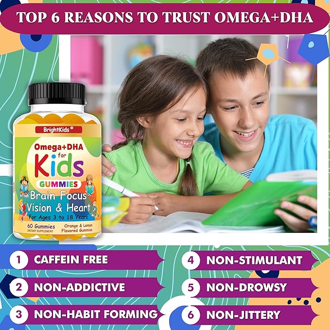 BrightKids Omega 3 Focus Gummies for Kids &amp Teens – Kids Focus and Attention Supplements for Memory &amp Learning – Focus Gummies for Teens Omega DHA Supplement Fruity Flavor (60 Gummies)